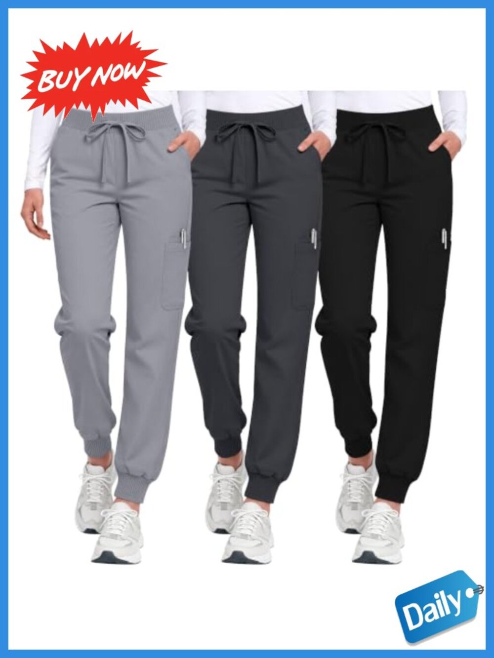 3 Pack Womens Scrub Cargo Jogger Pants Drawstring Waist Cuffed Ankle Medical